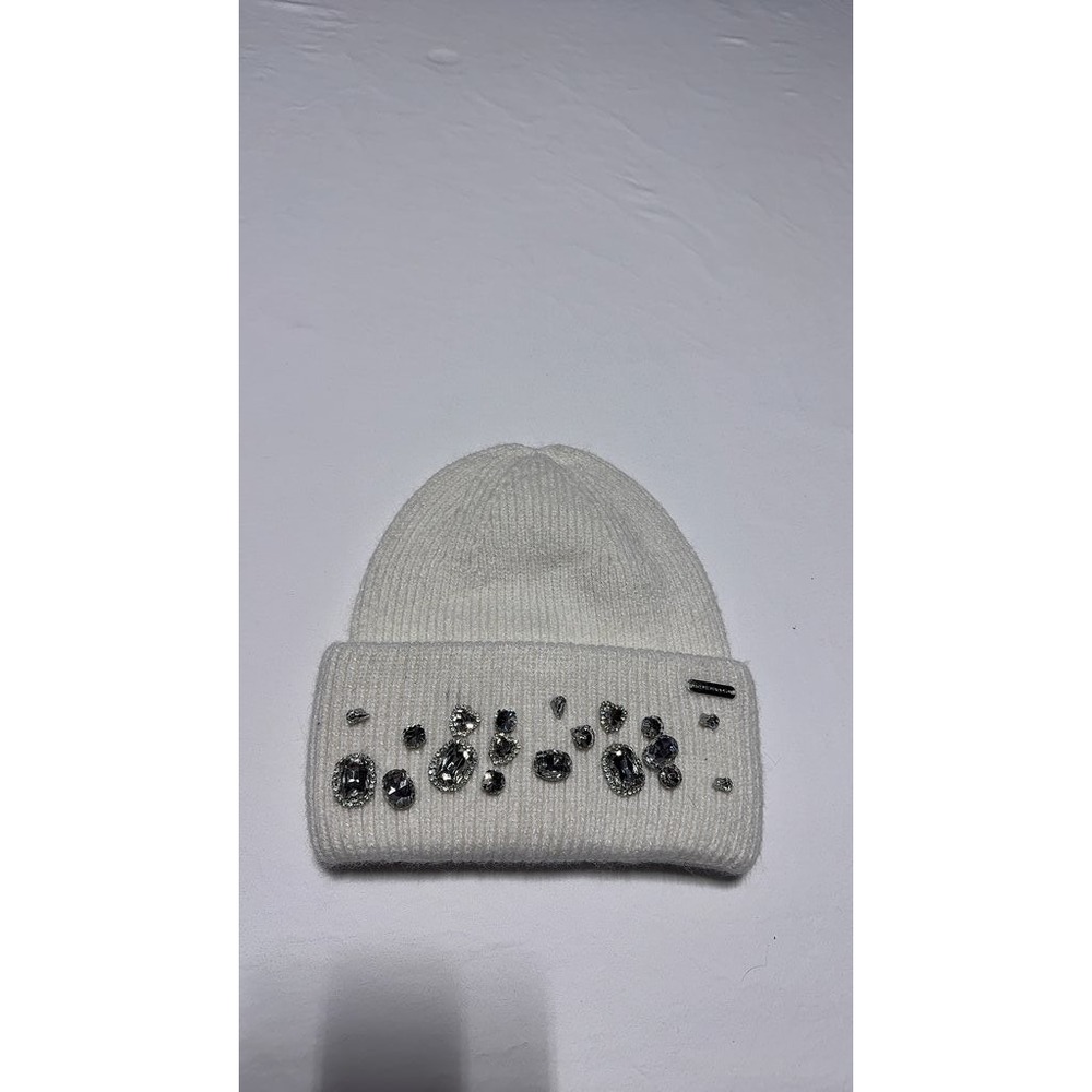 Steve Madden White Embellished Knit Beanie Rhinestone Jewel Winter Hat One Size